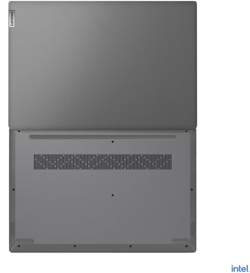 Un ordinateur portable Lenovo fermé, gris, avec le logo Intel dans un coin, vu de dessus. Le couvercle et la base sont visibles.