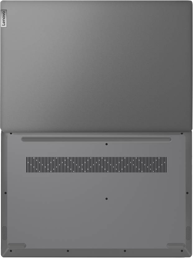 Un ordinateur portable ouvert, vu de dessus, montrant l'arrière de l'écran et le dessous du boîtier avec des fentes de ventilation.