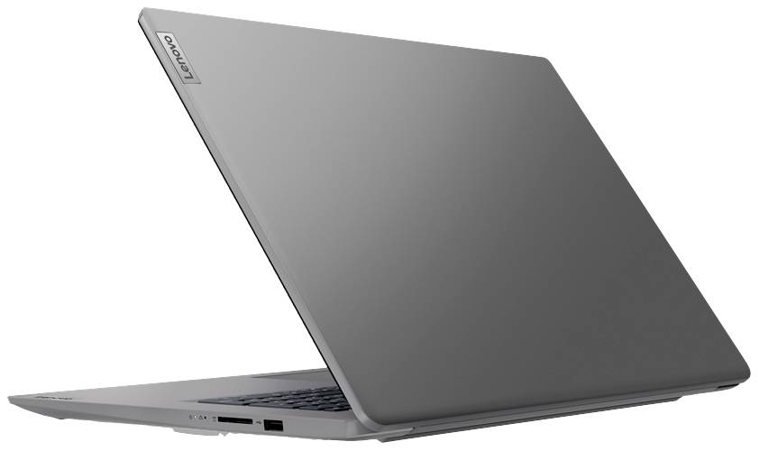 Ordinateur portable gris vu de dos, partiellement ouvert, avec le logo Lenovo visible dans le coin supérieur gauche du couvercle de l'écran.