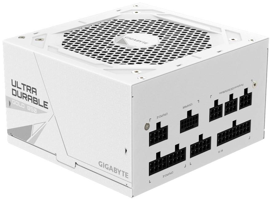 Composant d'alimentation PC blanc, marqué 'Ultra Durable Gold 850'. Différents connecteurs de câbles visibles sur le devant.