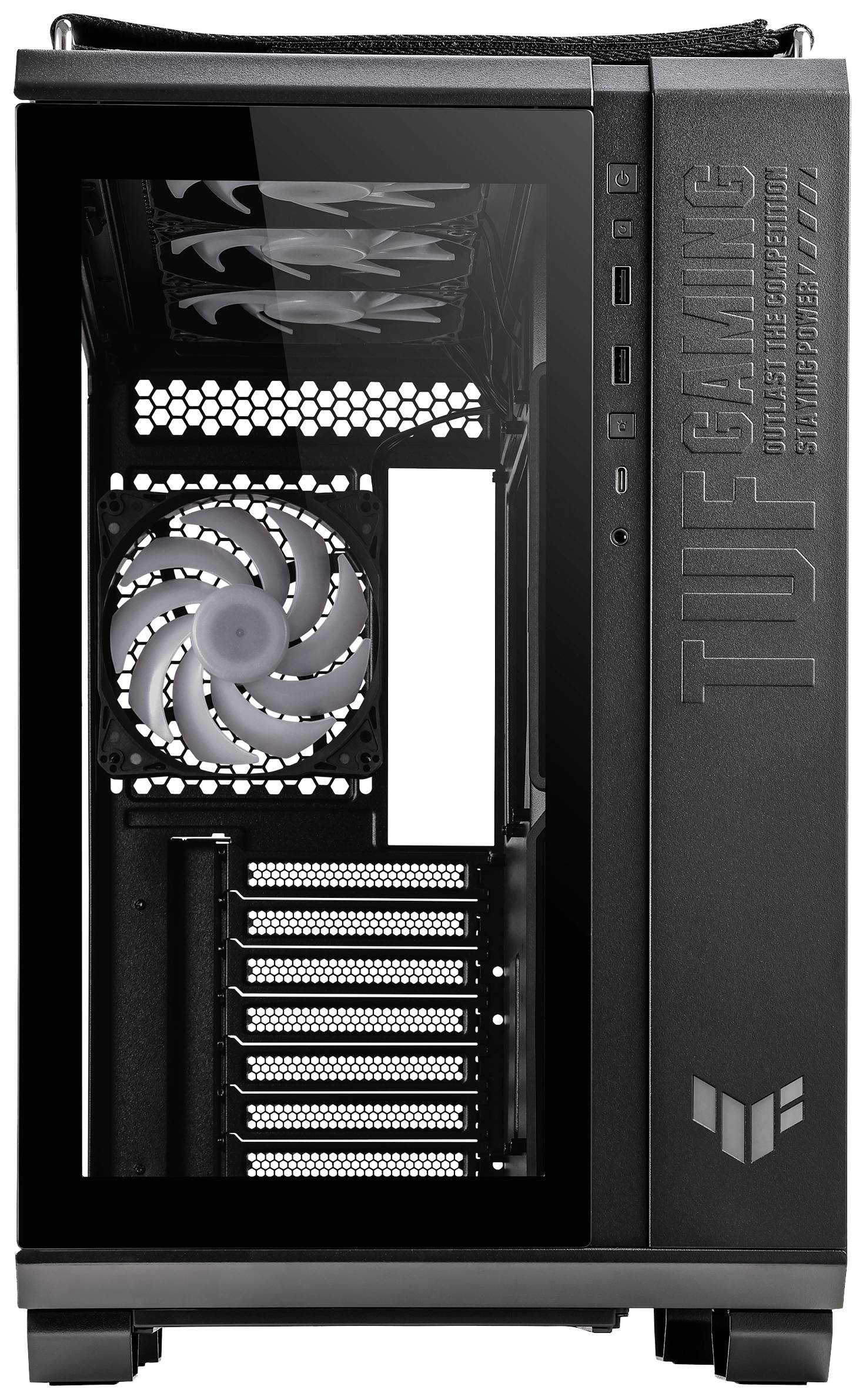 Boîtier PC avec fenêtre latérale, ventilateur éclairé et marquage TUF Gaming. Présente les emplacements d'extension et les ports avant.