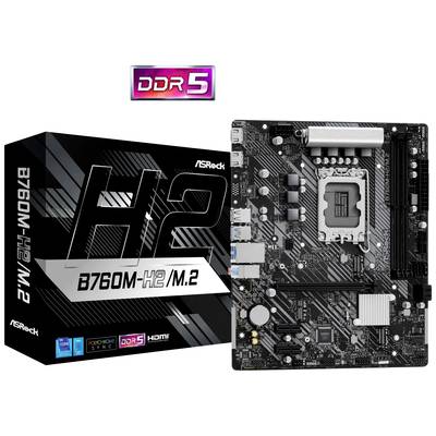 Carte mère ASRock B760M-H2/M.2 avec support DDR5. Présente le boîtier et la carte mère avec ses emplacements et connecteurs.