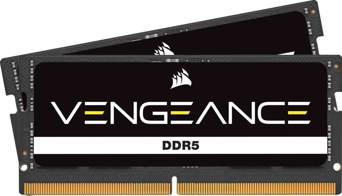 Deux modules de RAM DDR5 portant l'inscription 'Vengeance', avec un fond noir, des contacts orange, adaptés aux mises à niveau informatiques.