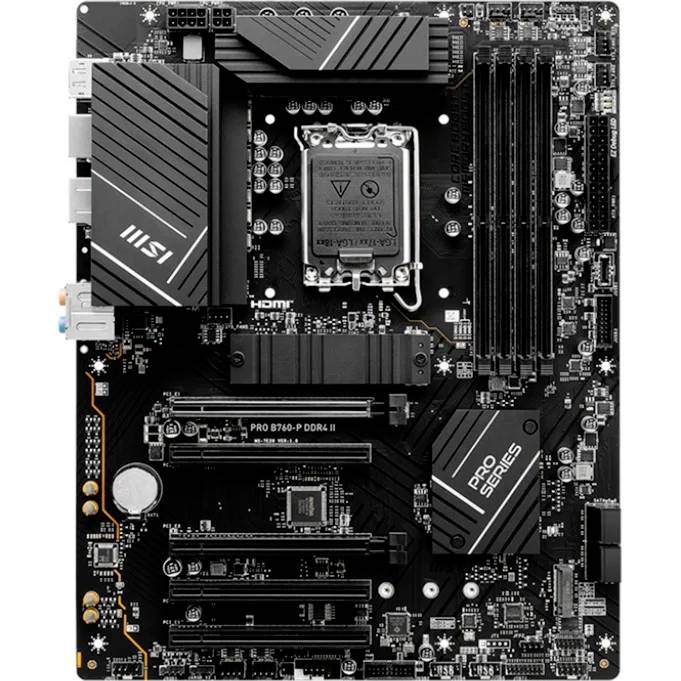Une carte mère d'ordinateur avec plusieurs emplacements PCIe, des supports de RAM et des connecteurs. On peut voir "PRO SERIES" sur la carte mère.