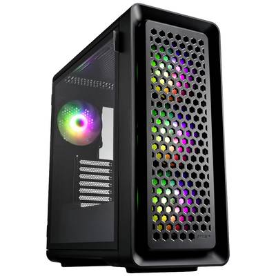 Un boîtier PC noir avec une fenêtre latérale et un panneau avant au design alvéolé. À l'intérieur, des lumières RGB colorées sont visibles.