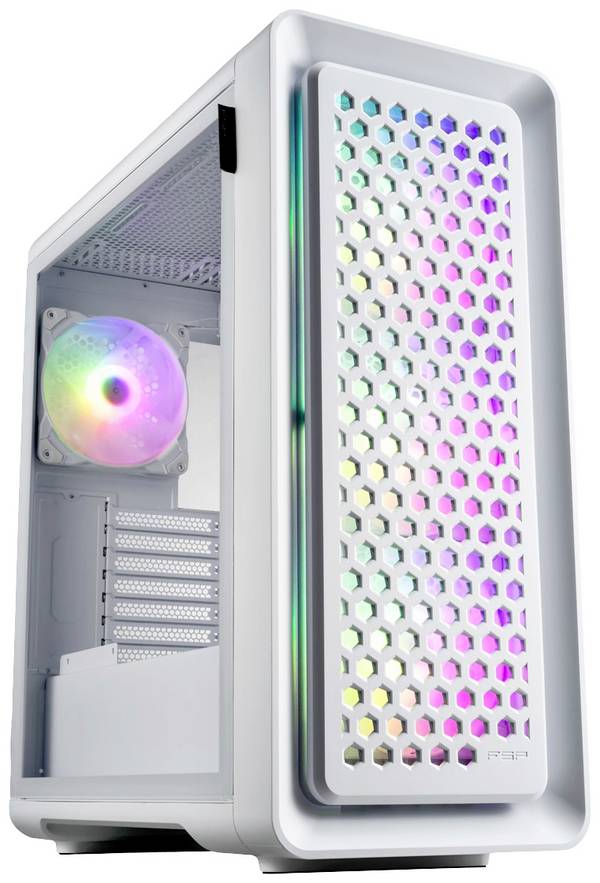 Tour FSP Fortron CUT593P Boîtier gaming  blanc 4 ventilateurs LED pré-installés, filtre anti-poussière, fenêtre latérale