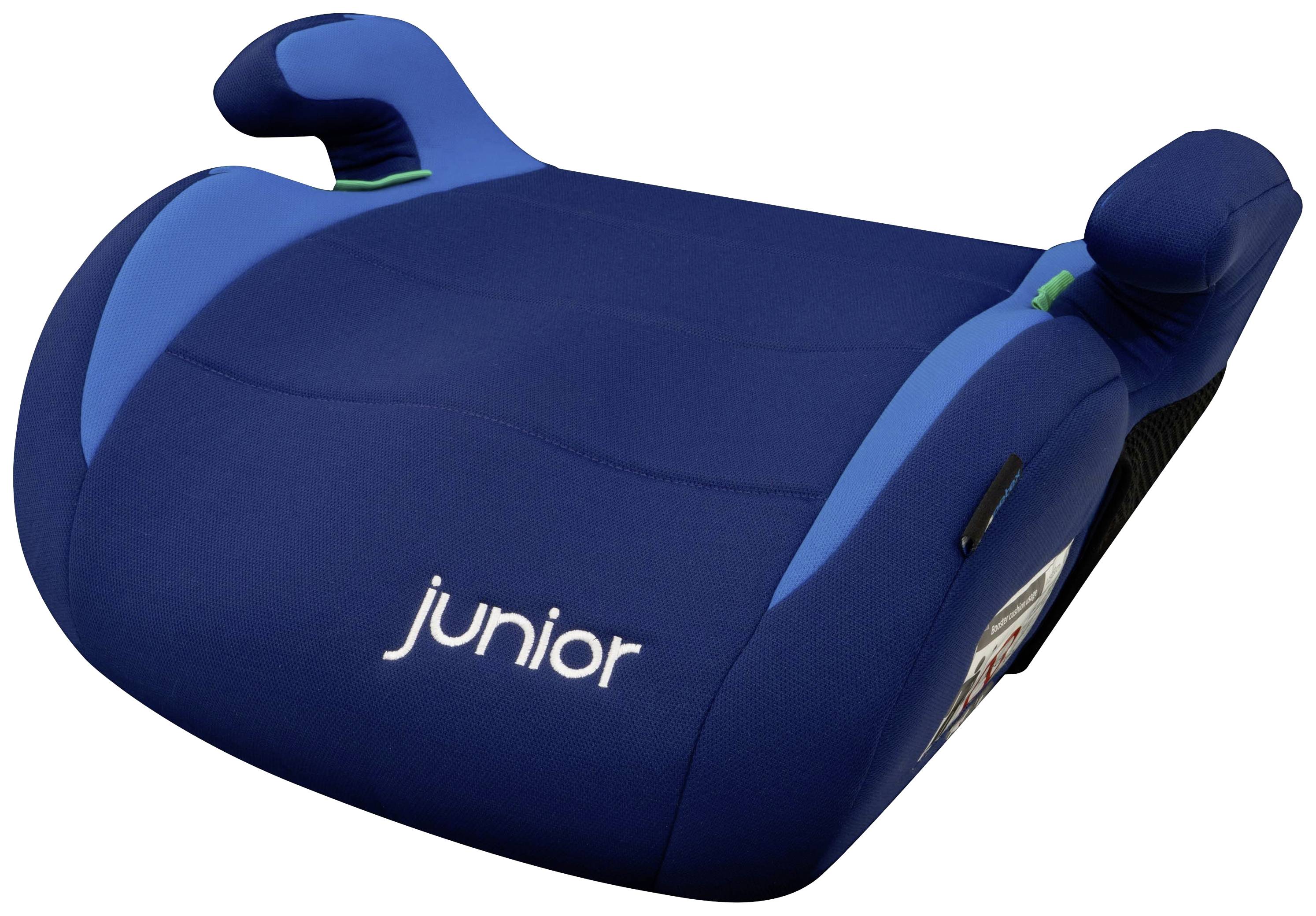 Rehausseur bleu pour enfant avec accoudoirs et l'inscription junior sur l'assise.