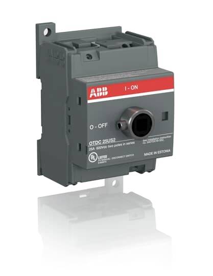 Un commutateur principal gris d'ABB avec un marquage rouge et blanc, indiquant les positions 'ON' et 'OFF'. Adapté pour 25A, 690 volts.