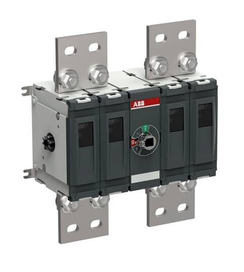 Interrupteur automatique ABB avec quatre segments de commutation, verrous métalliques en haut et en bas, molette noire et logo rouge.