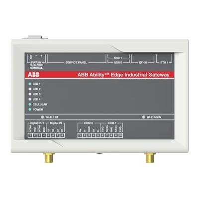 Une passerelle industrielle portant l'inscription 'ABB Ability™ Edge Industrial Gateway'. Présente plusieurs connexions et panneaux de commande.