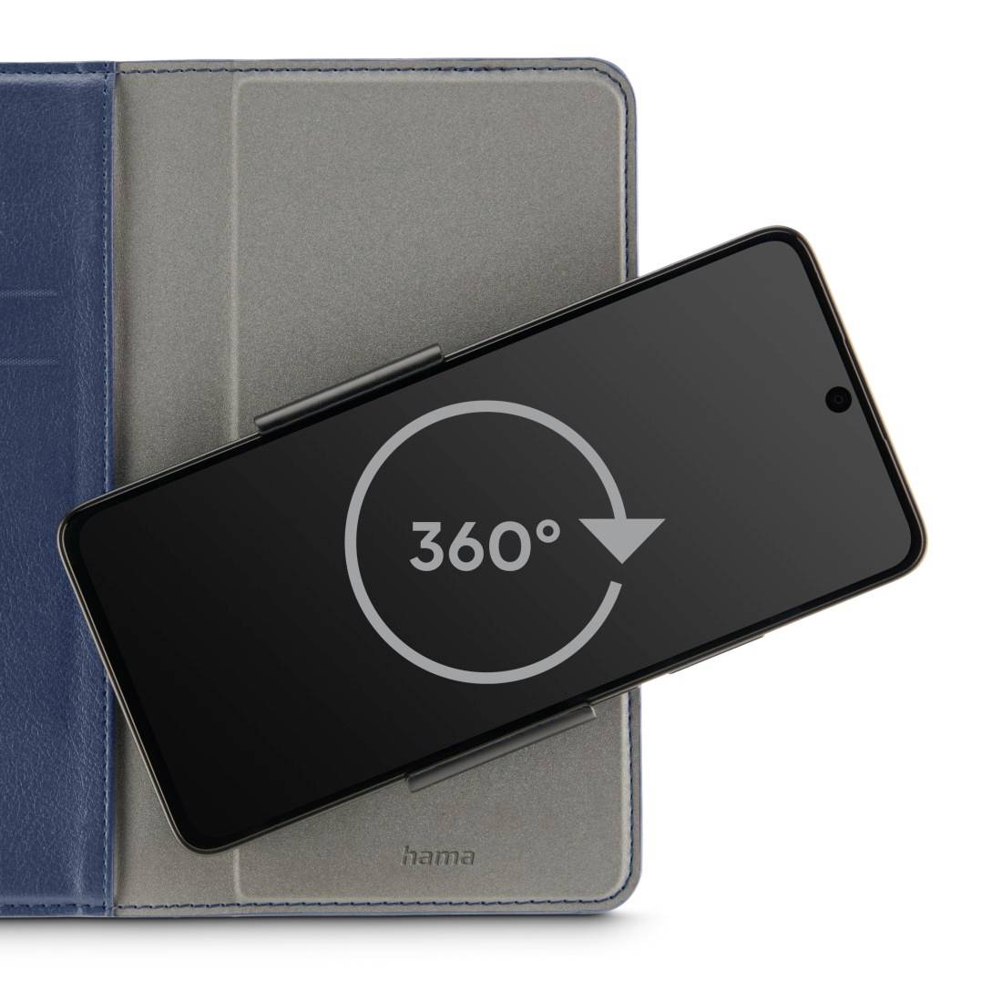 Un smartphone est posé sur une pochette bleue ouverte. L'écran affiche le symbole '360°', suggérant une fonction de rotation.
