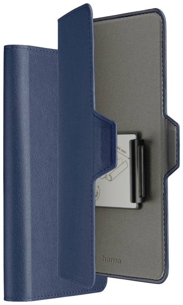 Étui de smartphone bleu de hama, montré ouvert. À l'intérieur, un support pour le téléphone et un compartiment pour cartes.