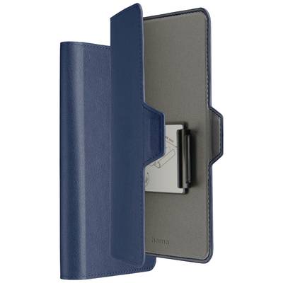 Étui de smartphone bleu de hama, montré ouvert. À l'intérieur, un support pour le téléphone et un compartiment pour cartes.