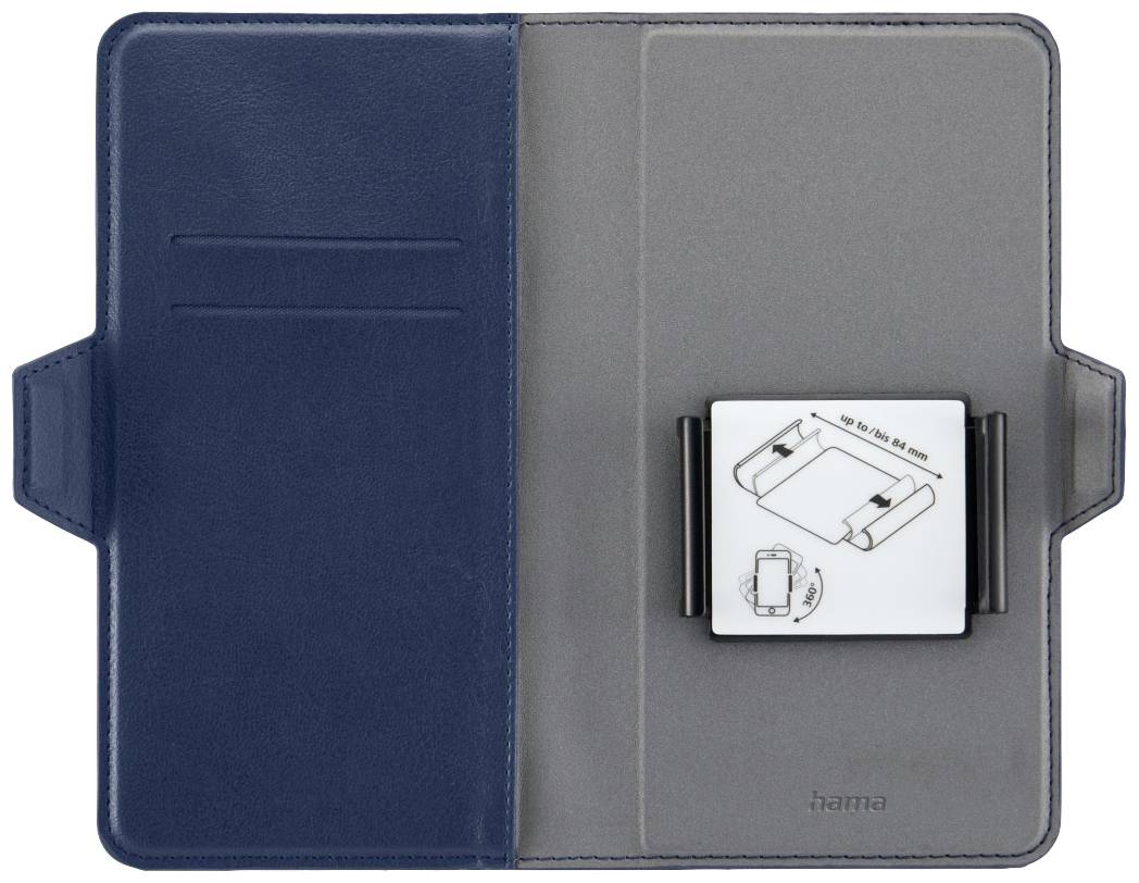 Étui de tablette ouvert en matériau bleu et gris avec dispositif de maintien pour tablettes.