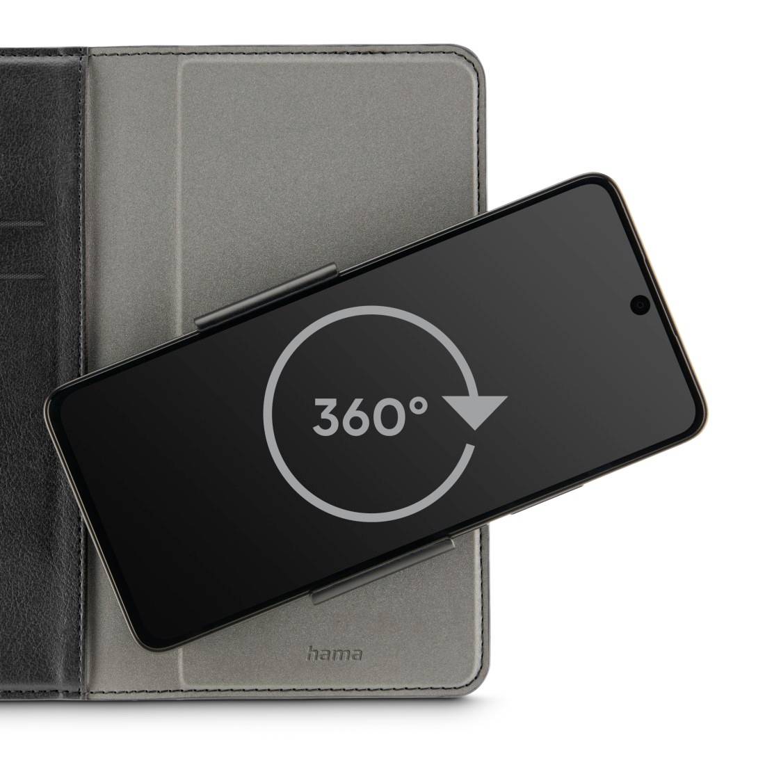 Un smartphone est posé en diagonale sur une housse dépliée. Un symbole de rotation à 360 degrés s'affiche sur l'écran.