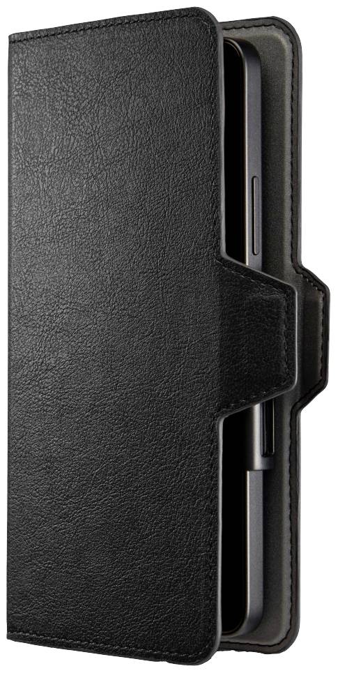 Étui de téléphone noir en cuir avec compartiment pour cartes, légèrement ouvert, montrant un smartphone à l'intérieur.