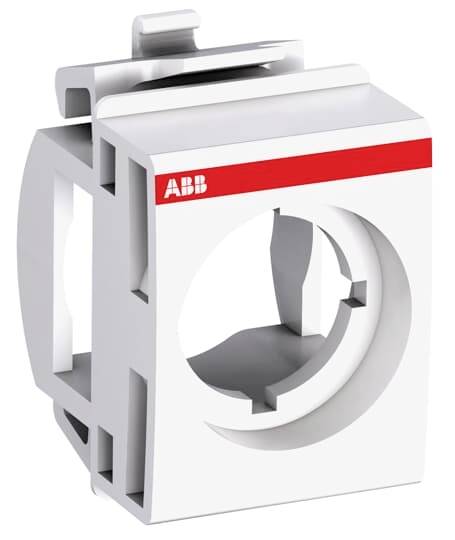 Boîtier de commutateur avec une bande rouge en haut, compatible avec les produits ABB, présentant une ouverture circulaire pour le montage d'interrupteurs électriques.