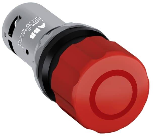 Bouton d'arrêt d'urgence rouge avec base noire. Utilisé pour l'arrêt de sécurité sur les machines et les appareils électriques.