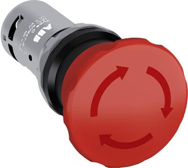 Commutateur d'urgence Rotter avec des flèches courbées indiquant un mouvement circulaire ou de rotation.