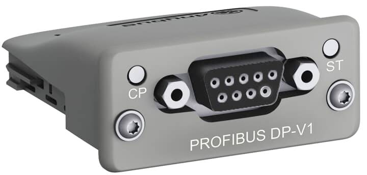 Un adaptateur rectangulaire portant l'inscription 'PROFIBUS DP-V1', équipé d'un connecteur multibroche et de vis étiquetées.