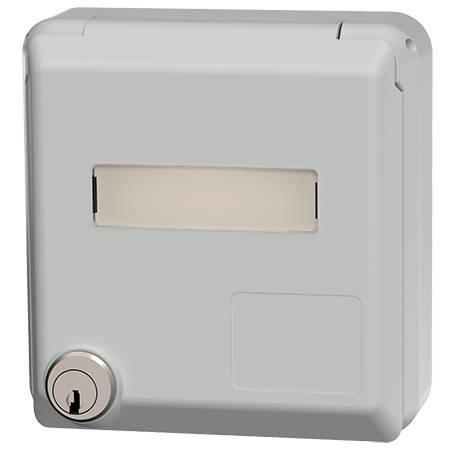 Un boîtier carré avec serrure et entrée pour fente à lettres, potentiellement adapté pour des installations extérieures telles que des interphones ou des boîtes aux lettres.