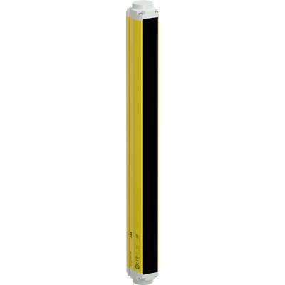 Barrière lumineuse de sécurité jaune avec une bande centrale noire et des marquages indiquant des applications de sécurité industrielle.