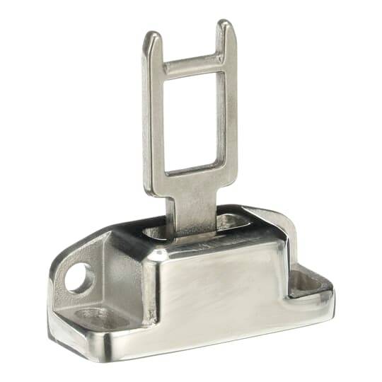 Pièce métallique avec un cadre rectangulaire et des trous de fixation, probablement partie d'un système de verrouillage.