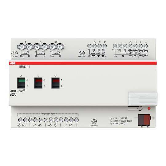 Un dispositif de commande de bâtiment KNX avec des bornes de raccordement en haut, des voyants de contrôle et une étiquette portant l'inscription 'ABB i-bus KNX' à l'avant.