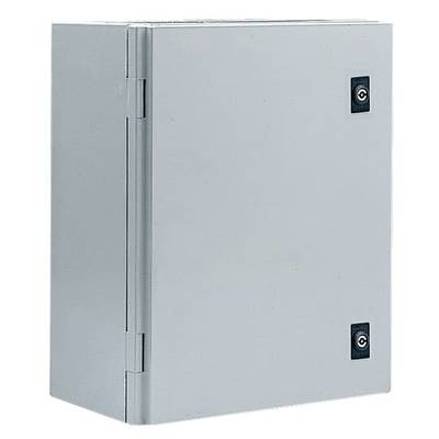 Une armoire électrique grise en métal avec deux serrures sur la façade.