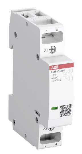 Un module de protection gris d'ABB avec l'étiquette 'ESB16-20N', adapté pour 230V, 40-450Hz. La face avant comprend un code QR et un témoin lumineux.
