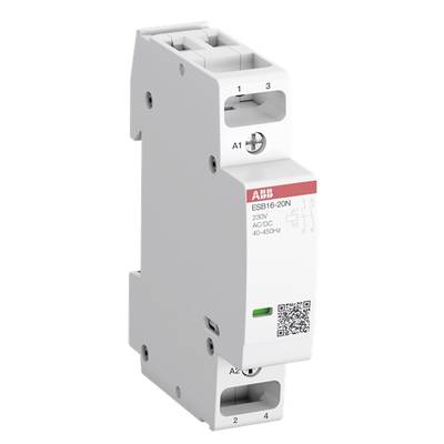 Un contacteur de installation ABB blanc ESB16-20N avec des bornes grises. Indications imprimées : '230V', 'AC'.