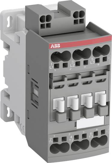 Contacteur électrique, gris, avec six bornes de connexion en haut et en bas, marquage rouge en haut. Utilisé pour commuter des circuits électriques.