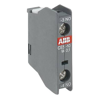 Un relais électrique gris d'ABB, modèle CES-10, montre deux bornes à vis et l'étiquetage pour les connexions électriques.