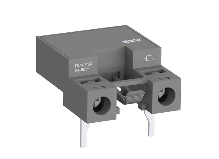 Relais semiconducteur ABB, modèle RCA4-1/50, avec plage de tension 24-50V. Deux bornes et marquages techniques visibles.
