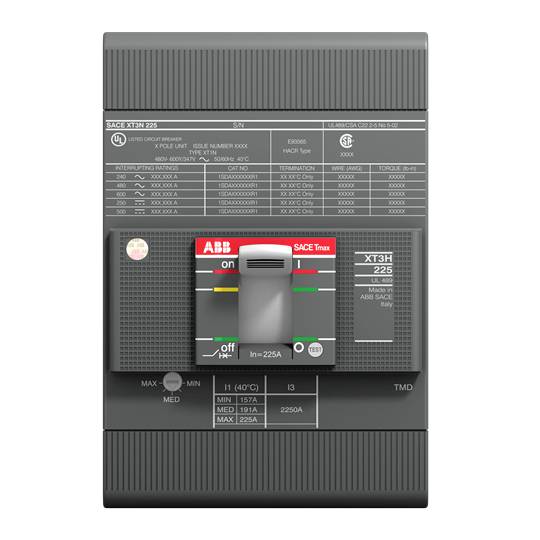 Disjoncteur électrique en gris avec des marquages rouges et verts 'marche' et 'arrêt', modèle ABB SACE Tmax XT3H 225.
