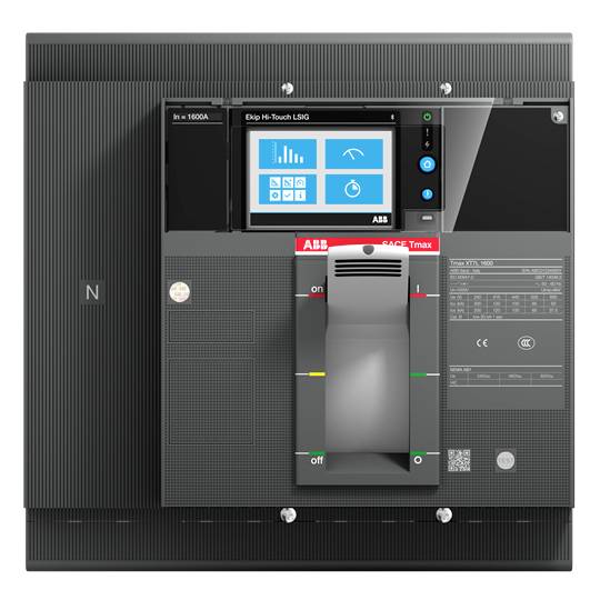 Un disjoncteur de puissance Tmax Sace ABB noir avec un affichage numérique, montrant des diagrammes et des symboles pour la surveillance du courant.