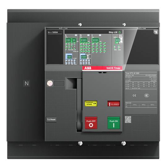 Disjoncteur 'ABB SACE Tmax T7' avec voyants lumineux et boutons pour contrôler le flux électrique. Les indicateurs affichent l'état de fonctionnement.