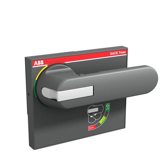 Un disjoncteur gris ABB avec un grand levier en position 'Marche'. Inscription 'SACE Tmax'.