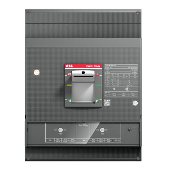 Un disjoncteur électrique ABB, modèle SACE Tmax, avec l'interrupteur en position médiane et des détails techniques sur sa surface.