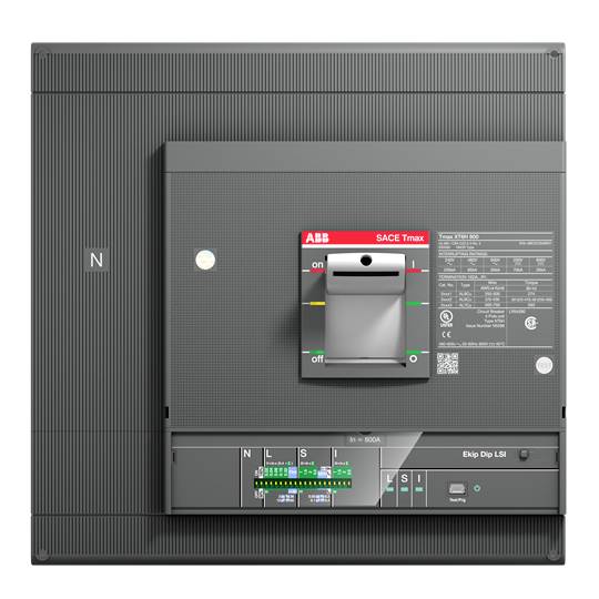 Un disjoncteur électrique de marque ABB, modèle SACE Tmax, avec un interrupteur marche/arrêt et des spécifications techniques sur la face avant.