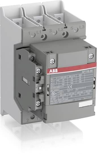 Contacteur de puissance ABB, modèle AF116-30, affichant des détails techniques sur sa face avant, adapté aux applications industrielles.