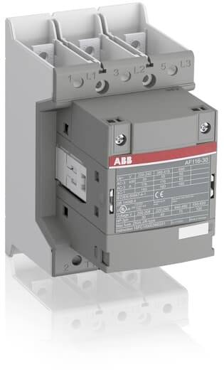 Un contacteur gris ABB avec trois bornes de connexion pour usage industriel, modèle AF116-30.
