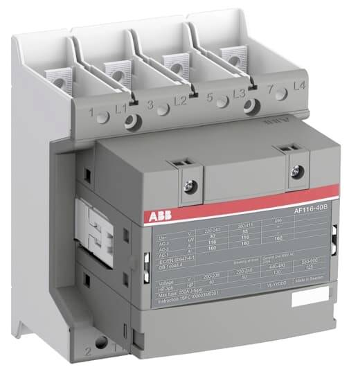 Contacteur 'ABB AF116-40B' avec bornier quadripolaire, spécifications techniques détaillées visibles sur la face avant.