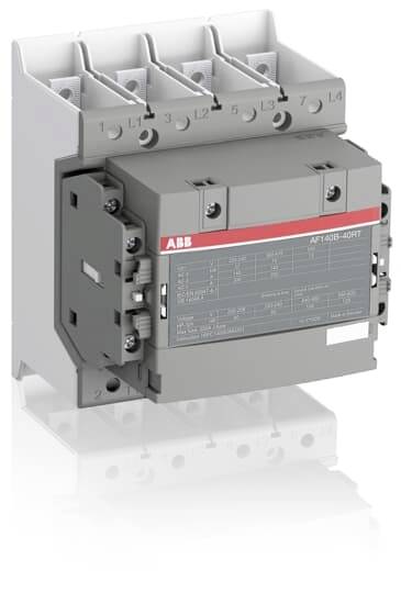 Un contacteur gris ABB, AFT40E-40-11, avec quatre bornes, adapté aux applications industrielles dans les circuits électriques.