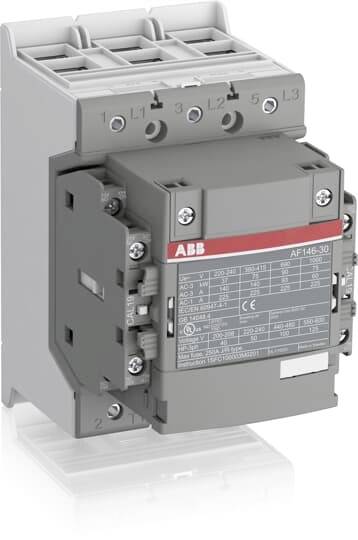 Un contacteur gris électrique d'ABB, modèle AF146-30, avec des bornes de connexion visibles et des spécifications techniques sur une étiquette.