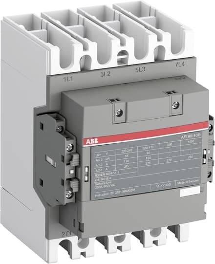 Contacteur électrique avec plusieurs bornes de connexion, fabriqué par ABB, modèle AF190-30-11. Utilisé pour le contrôle des circuits électriques.