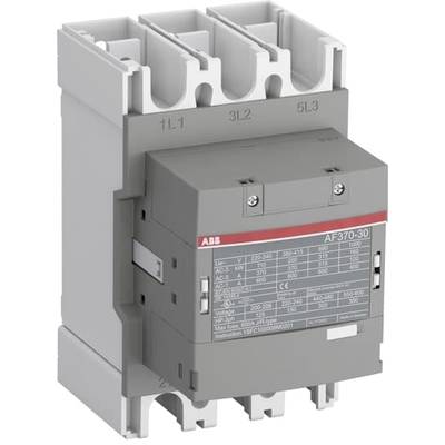 Un contacteur gris et blanc de la marque ABB, modèle AF370-30, avec un tableau technique à l'avant, montrant les bornes de connexion électriques sur le dessus.