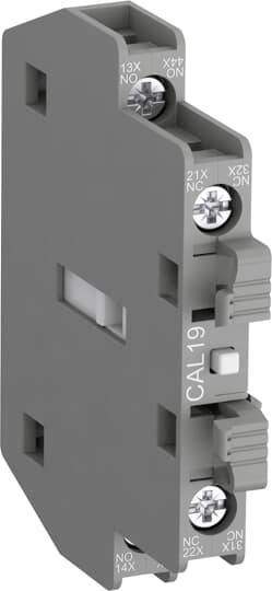 Composant électrique gris avec des bornes à vis, portant l'inscription 'CAL19' sur le côté. Utilisé dans les installations électriques ou les panneaux de commande.