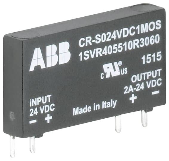 'Bloc de relais électronique noir et blanc avec inscription : ABB CR-S024VDC1MOS, ENTRÉE 24 VDC, SORTIE 2A-24 VDC. Fabriqué en Italie.'