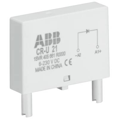Composant électrique portant l'inscription 'ABB CR-U 21', montrant un schéma de circuit simple. Utilisé pour des tensions de 6-230V DC.